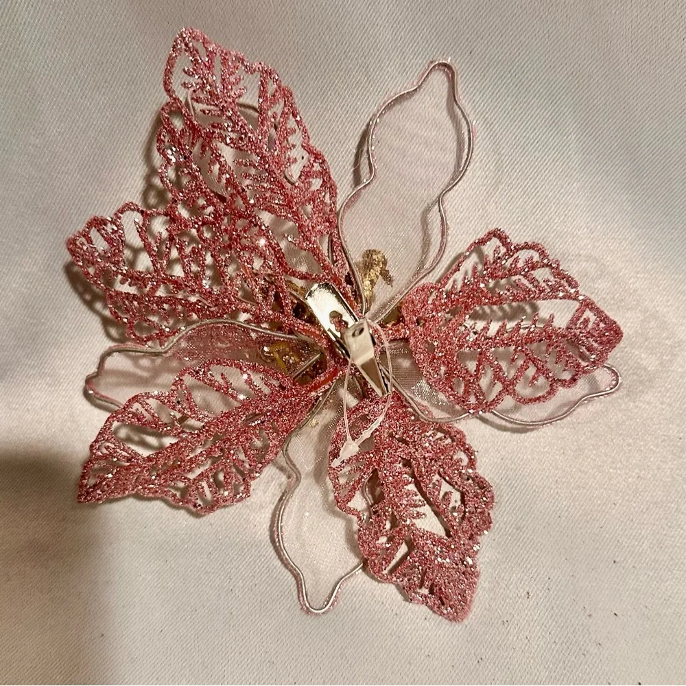 Sparkling Pink Gold Glitter Sequin Poinsettia Clip Ornament Headband Bouqet